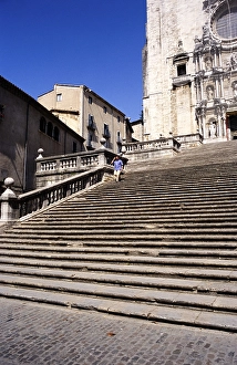 Staircase in front of the cathedral church in Girona, Catalonia, Spain, Europe