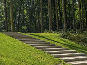 A staircase leads through a green