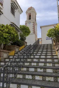 Stairs to the square Pl. del Reloj with bell tower -Torre del Reloj