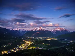 Starry sky at dawn over the valley basin of Berchtesgaden