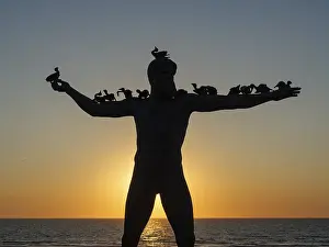 A statue with birds on its shoulders stands in the sunset