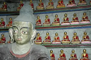 Statue of Buddha with many small Buddha figures Braga Gompa Annapurna Region Nepal