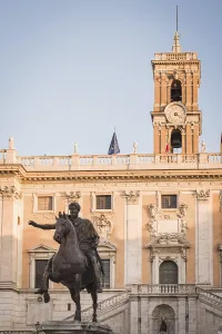 Statue and building dedicated to CLEMENTI VIII PONT MAX in Rome Italy