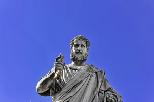 Statue of St Peter with key in detail in front of St Peter's Church