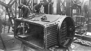 Steam locomotive construction, stud bolts being riveted