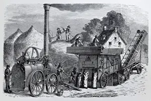 Steam threshing machine with staking device and straw elevator