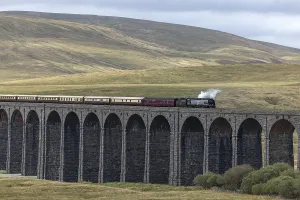 Steam train crossing Ribblehead Viaduct