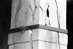 Steel bracket supporting broken pillar Aihole Karnataka India Asia 1985