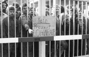 Steelworkers at Orenstein & paddock gathered for a spontaneous strike for wages behind the gates of their factory in