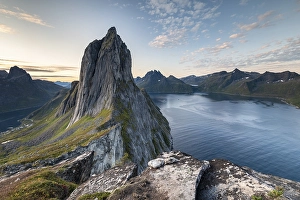 Category Mountain Landscapes Prints: Steep mountain Segla, fjord Mefjorden with mountains