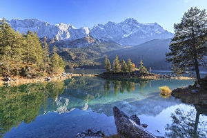 Category Mountain Landscapes Prints: Steep mountains reflected in lake