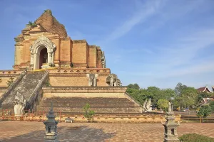 Step pyramid with the gold Buddha ritual dragons protect