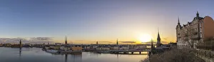 Stockholm sunrise city skyline panorama at Gamla Stan and Slussen