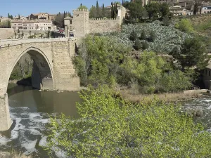 Stone bridge over a river surrounded by green trees and historic architecture under a blue sky