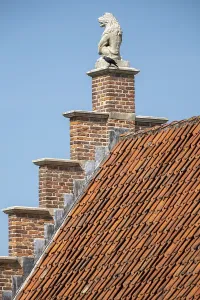 Stone lion on medieval gable and house roof in the netherlands