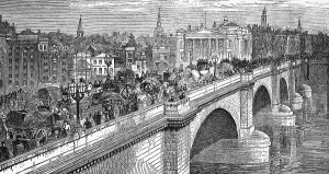The stone London Bridge leads across the Thames to the City of London, crowds of people, horse-drawn carts, city scene, traffic, chaos, England, historical illustration 1888