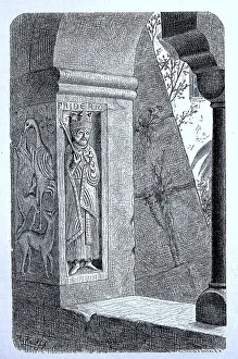 Stone portrait of Frederick Barbarossa on the cornerstone of a window in the cloister of the monastery of St