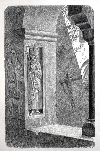 Stone portrait of Friedrich Barbarossa at the cornerstone of a window in the cloister of the Monastery of St