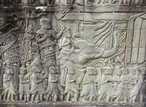 Stone relief detail of a temple in Angkor