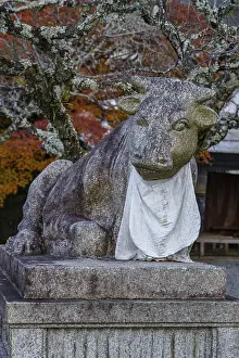 Framed Print : Stone sculpture of a bull with a white cloth and colorful autumn leaves