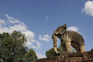 Stone sculpture of an elephant at the temple complex of Pre Rub at Angkor Wat