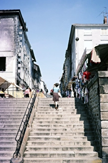 Stone staircase to the shops in Limoges, Haute Vienne department, south-west France 1976