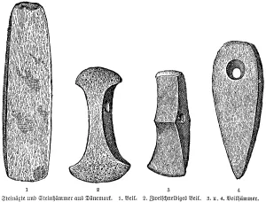 Stone tools of the natives of Denmark, stone axe, stone hammer, axe, archaeology, Stone Age, history of prehistoric mankind, Denmark, historical illustration 1880, Europe