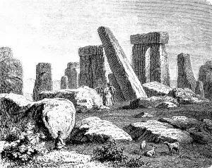 Stonehenge in its present form, 19th century, sheep, people, history of mankind, historical illustration 1880