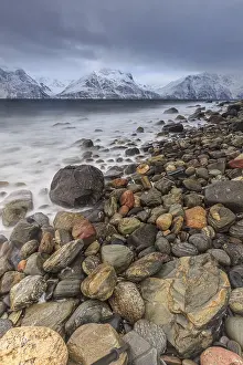 Stones, coast, sea, waves, mountains