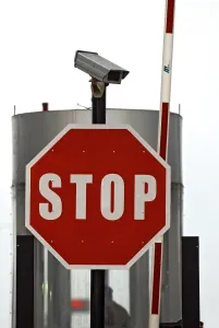 Stop signboard and surveillance camera fitted on toll plaza of bandra worli known rajiv gandhi sea link