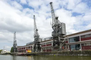 Stothert and Pitt 1950s electric cargo cranes on quayside of Floating harbour