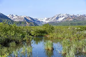 Framed Print : Stream and picturesque mountain landscape with Gulkana glacier and summit Icefall Peak