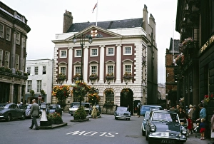 Street with cars and people in front of the Assembly Rooms, York, Yorkshire, England, 1963