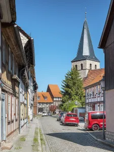 Street with half-timbered houses and cobblestones