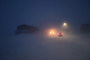 Street in the hurricane during the polar night