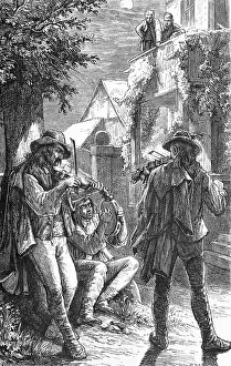 Three street musicians giving a concert under a full moon