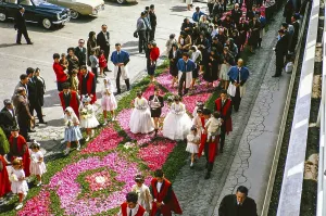 Street religious procession, Procissao de Senhor de Infernos, Furnas, Sao Miguel Island, Azores, Portugal, April 1964, Europe