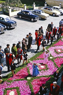 Street religious procession, Procissao de Senhor de Infernos, Furnas, Sao Miguel Island, Azores, Portugal, April 1964, Europe