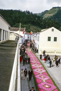 Street religious procession, Procissao de Senhor de Infernos, Furnas, Sao Miguel Island, Azores, Portugal, April 1964, Europe
