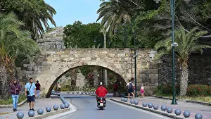 Street scene with arched bridge and people under palm trees along the road