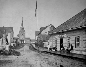 Street scene in the centre of Sitka on a rainy day