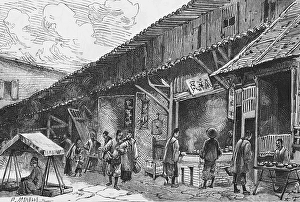 Street scene with stalls in the Chinese province, preparation of food, row of houses selling snacks, people, outdoor table, Chinese characters, travelling in Asia, China, historical illustration 1887, Asia