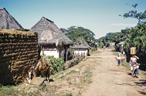 Street scene in a village, people and thatched houses, Palin, Guatemala, Central America, around 1961, Central America