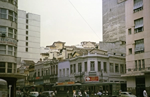 Street view with older buildings near the docks in Rio de Janeiro, Brazil 1962 Tramway