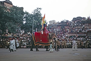 Streets full of people at the annual festival parade, Jaipur, Rajasthan, India, 1971 Elephant procession, Asia