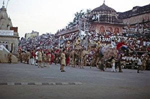 Streets full of people at the annual festival parade, Jaipur, Rajasthan, India, 1971 Camel and elephant parade, Asia