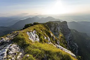 Striking rock face, view from the summit of the Benediktenwand in the evening light