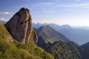 Striking rock in front of Mount Federispitz in the evening light