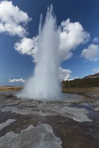 Strokkur is a fountain geyser located in a geothermal area in the southwest part of Iceland