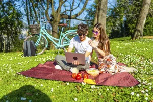 Students are using laptop during picnic in park